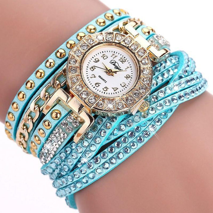 Stainless Steel Floral Crystal Studded Wrap Bracelet Watch Studs Sky Blue Watches