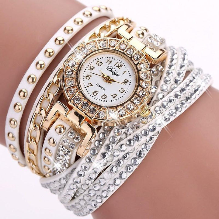 Stainless Steel Floral Crystal Studded Wrap Bracelet Watch Studs White Watches