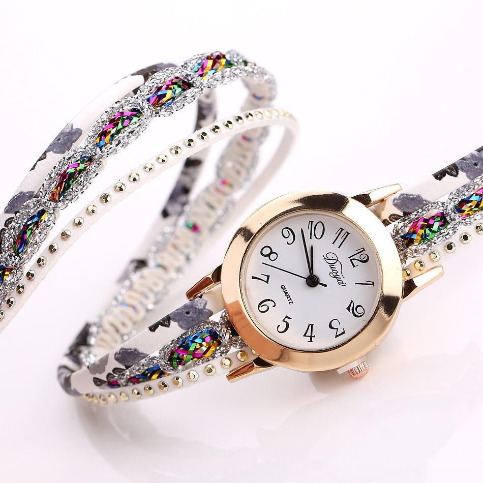 Stainless Steel Floral Crystal Studded Wrap Bracelet Watch Watches