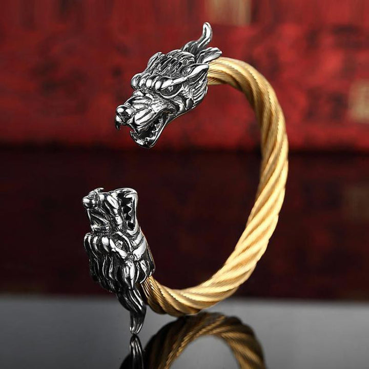 Stainless Steel Twisted Cable Dragon Open Bangle Gold Bracelets