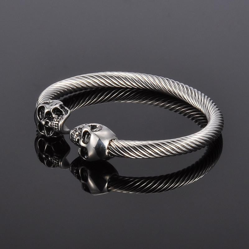 Stainless Steel Twisted Cable Skull Open Bangle Bracelets