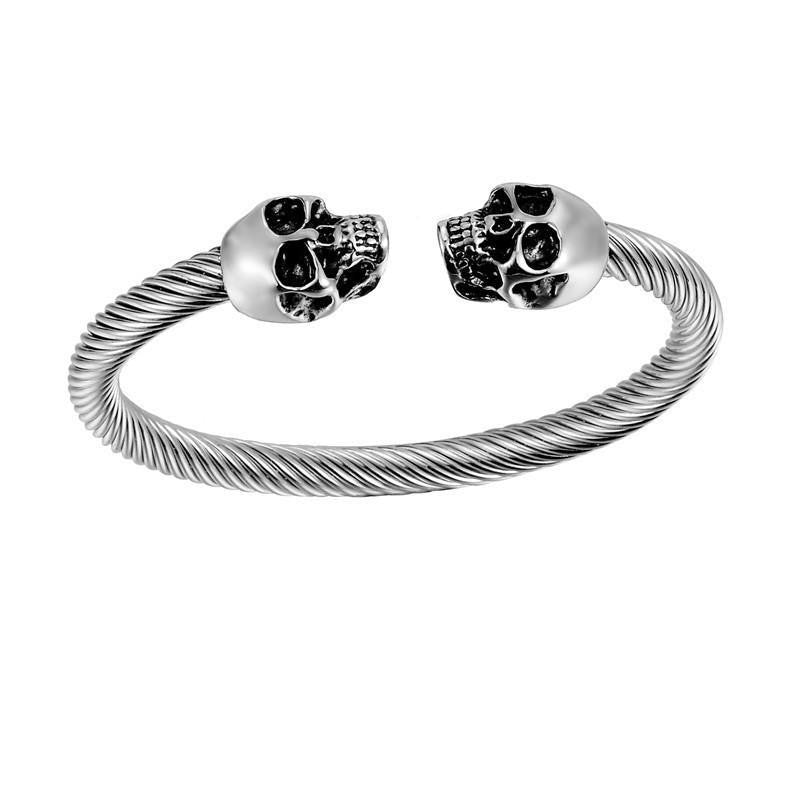 Stainless Steel Twisted Cable Skull Open Bangle Bracelets