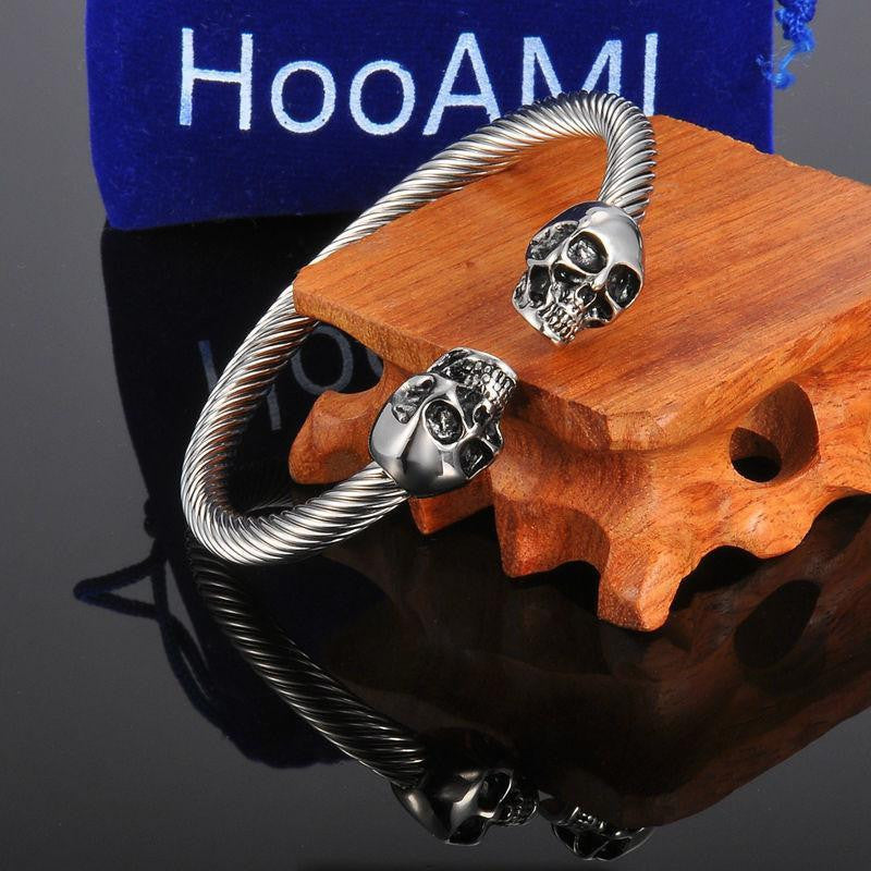 Stainless Steel Twisted Cable Skull Open Bangle Bracelets