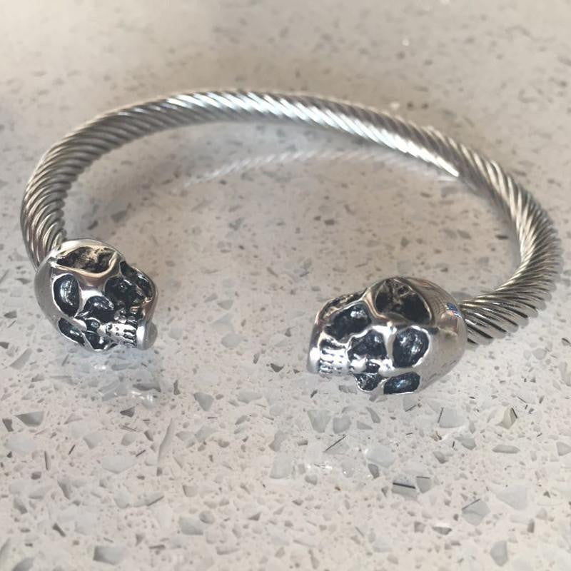 Stainless Steel Twisted Cable Skull Open Bangle Bracelets