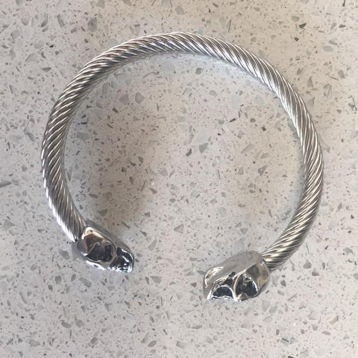 Stainless Steel Twisted Cable Skull Open Bangle Bracelets