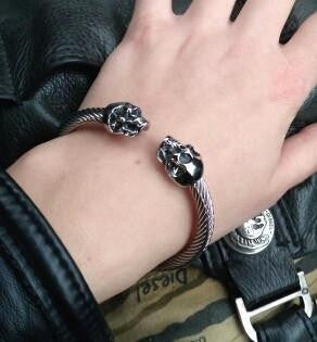 Stainless Steel Twisted Cable Skull Open Bangle Bracelets