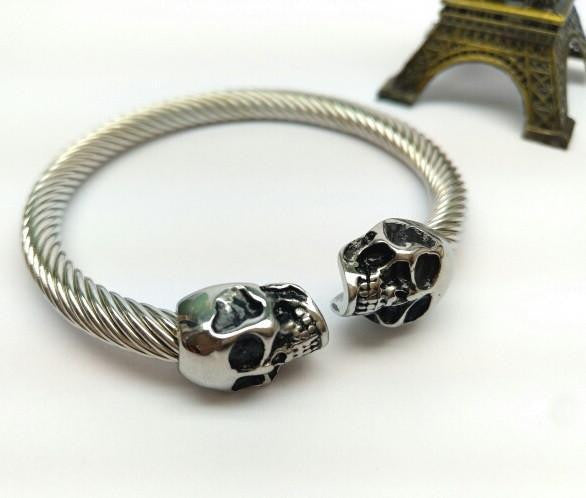 Stainless Steel Twisted Cable Skull Open Bangle Bracelets