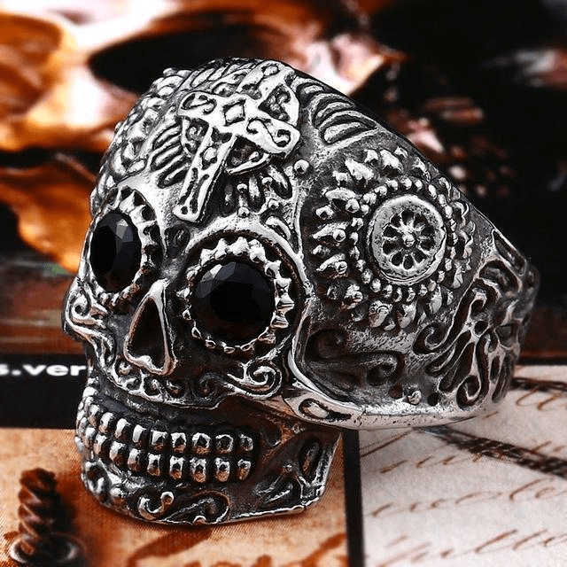 Sugar Skull Ring Silver - Black Eyes / 7 Rings