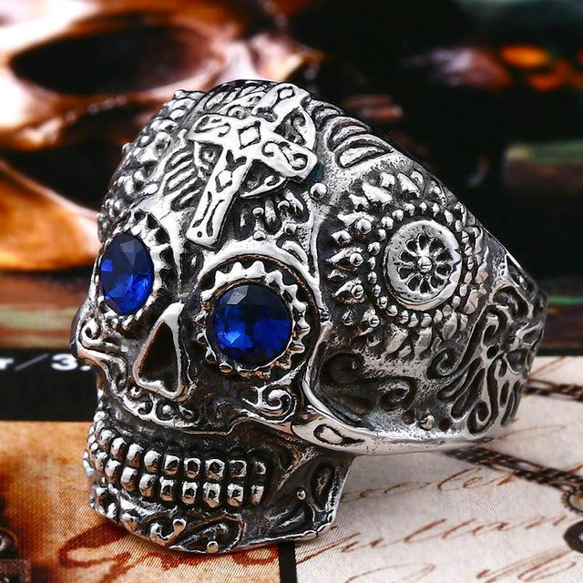 Sugar Skull Ring Silver - Blue Eyes / 7 Rings