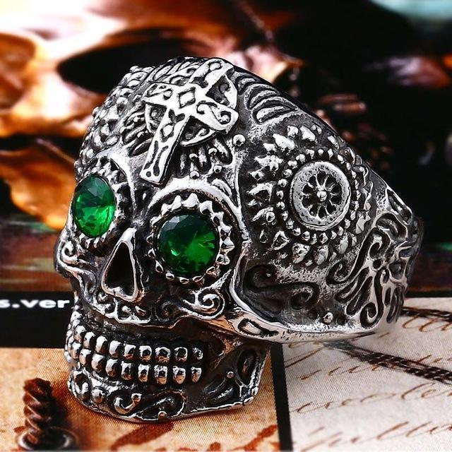 Sugar Skull Ring Silver - Green Eyes / 7 Rings