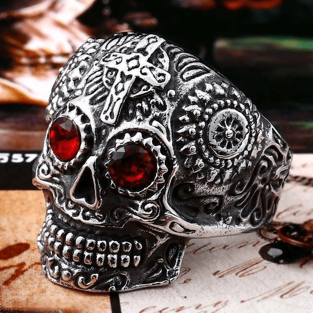 Sugar Skull Ring Silver - Red Eyes / 7 Rings