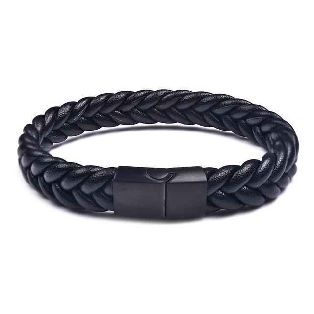 Thick Braided Genuine Leather Stainless Steel Bracelet Black - Black Clasp / 20.5cm (8 in) Bracelets