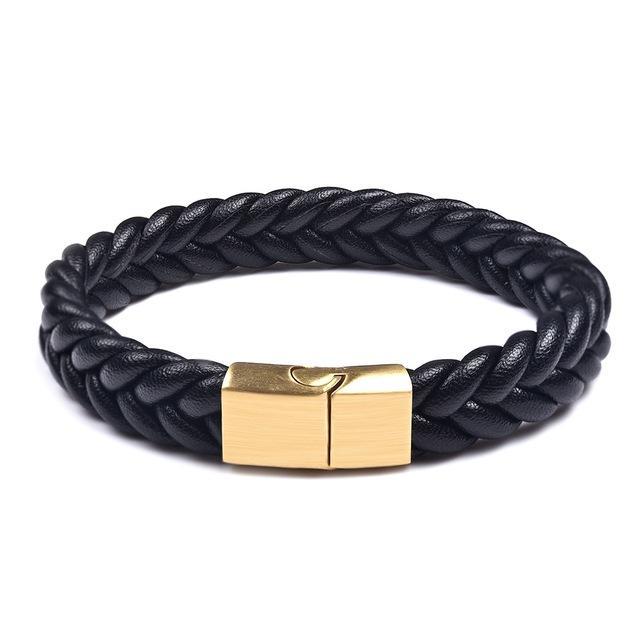 Thick Braided Genuine Leather Stainless Steel Bracelet Black - Gold Clasp / 20.5cm (8 in) Bracelets