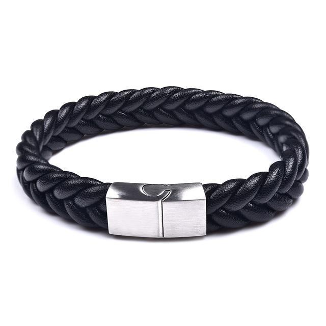 Thick Braided Genuine Leather Stainless Steel Bracelet Black - Silver Clasp / 20.5cm (8 in) Bracelets