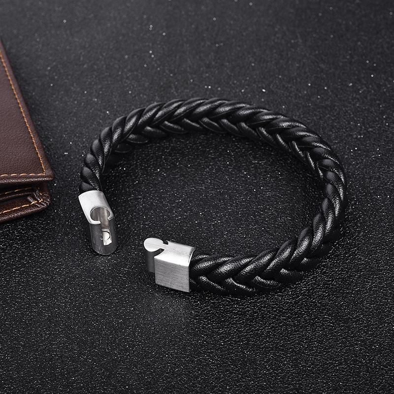 Thick Braided Genuine Leather Stainless Steel Bracelet Bracelets