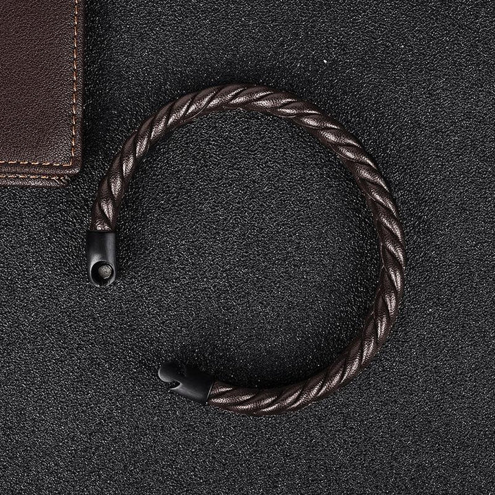 Thick Braided Genuine Leather Stainless Steel Bracelet Bracelets