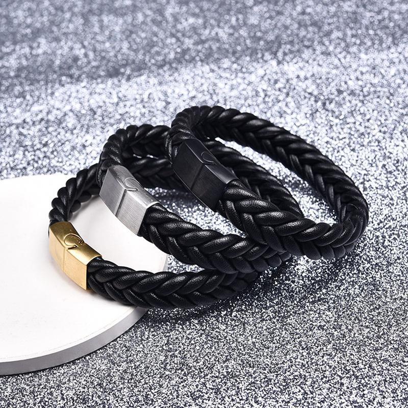 Thick Braided Genuine Leather Stainless Steel Bracelet Bracelets