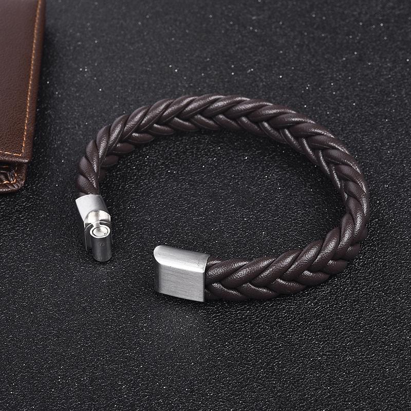 Thick Braided Genuine Leather Stainless Steel Bracelet Bracelets