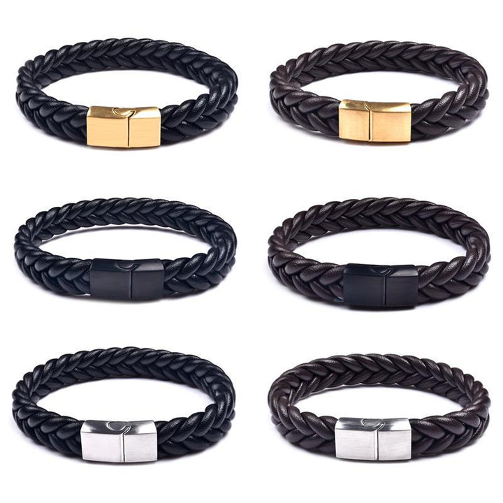 Thick Braided Genuine Leather Stainless Steel Bracelet Bracelets