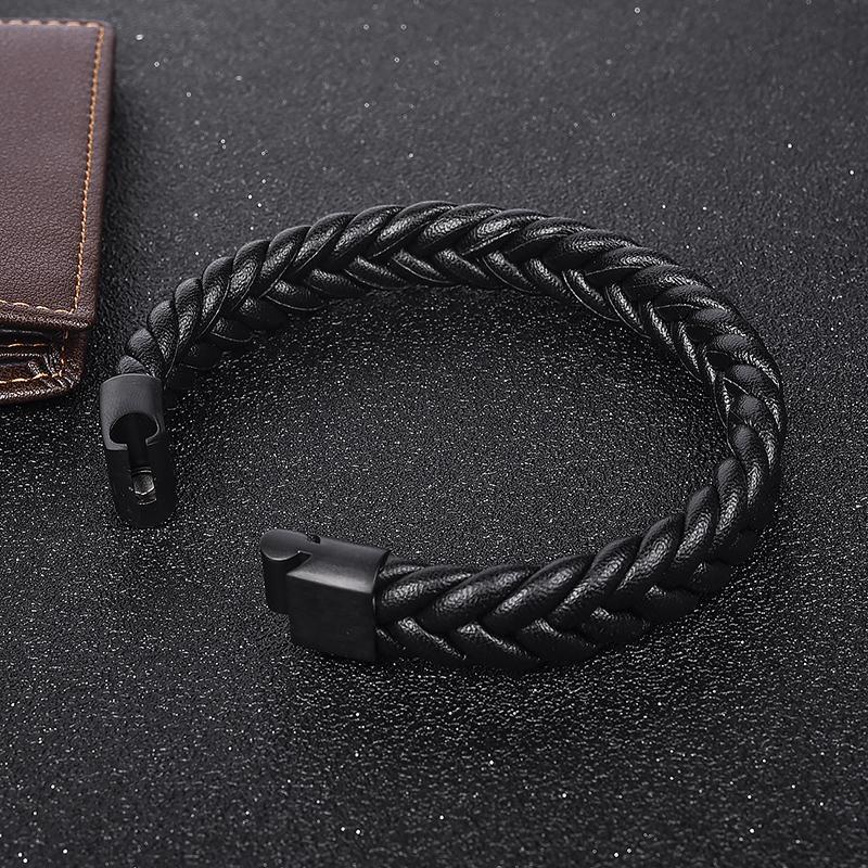 Thick Braided Genuine Leather Stainless Steel Bracelet Bracelets