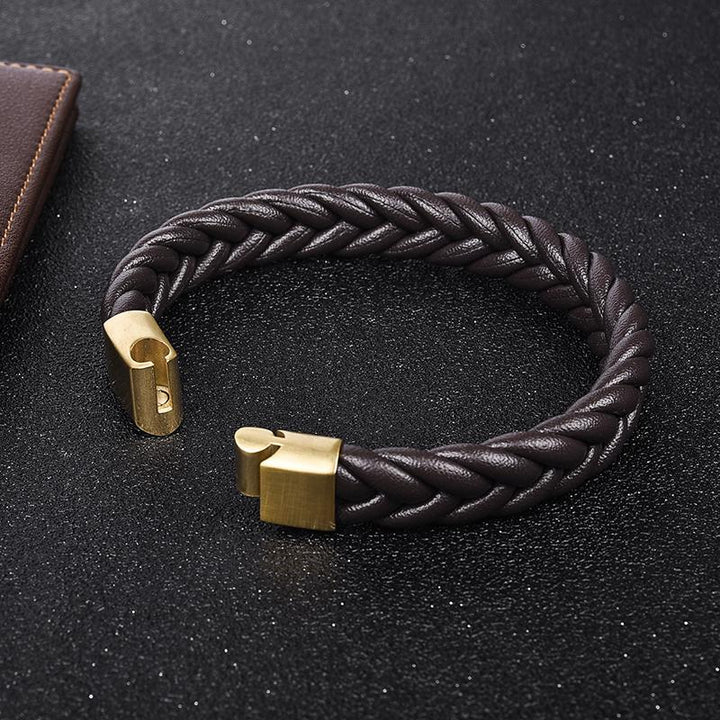 Thick Braided Genuine Leather Stainless Steel Bracelet Bracelets