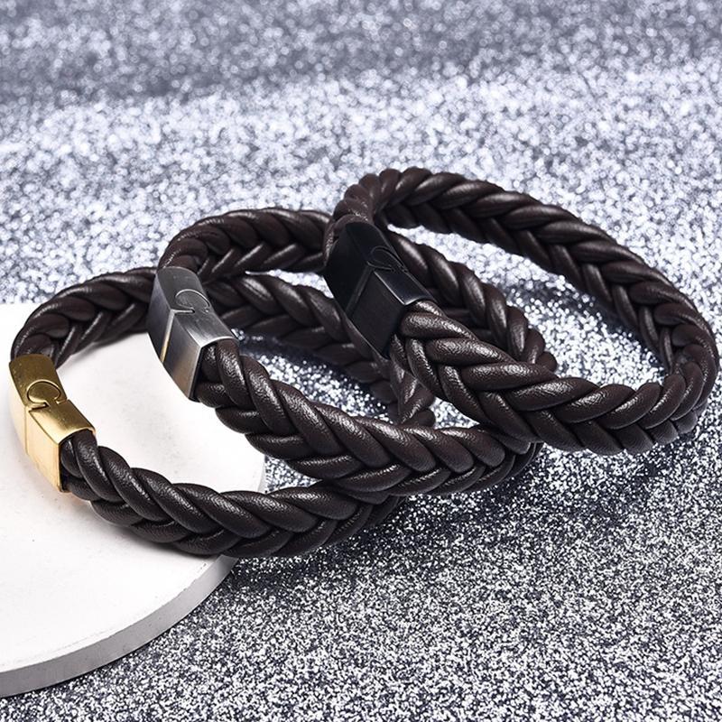 Thick Braided Genuine Leather Stainless Steel Bracelet Bracelets