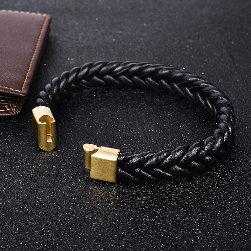 Thick Braided Genuine Leather Stainless Steel Bracelet Bracelets