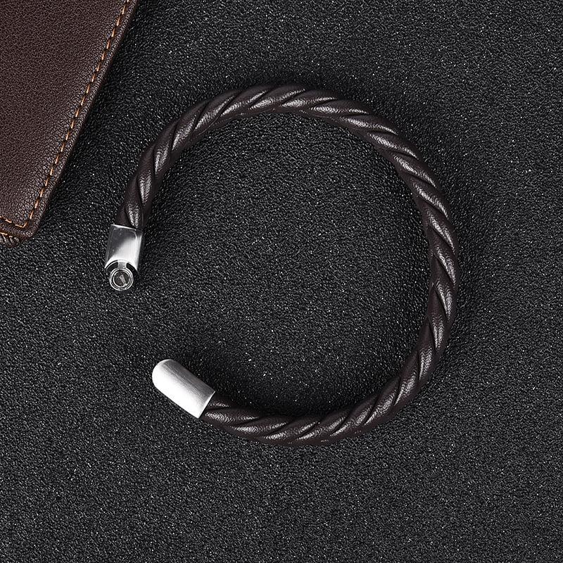 Thick Braided Genuine Leather Stainless Steel Bracelet Bracelets