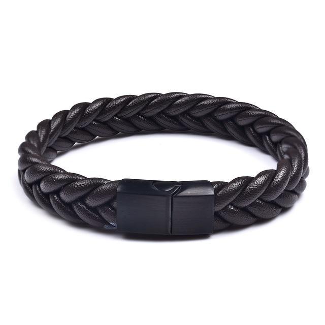 Thick Braided Genuine Leather Stainless Steel Bracelet Brown - Black Clasp / 20.5cm (8 in) Bracelets