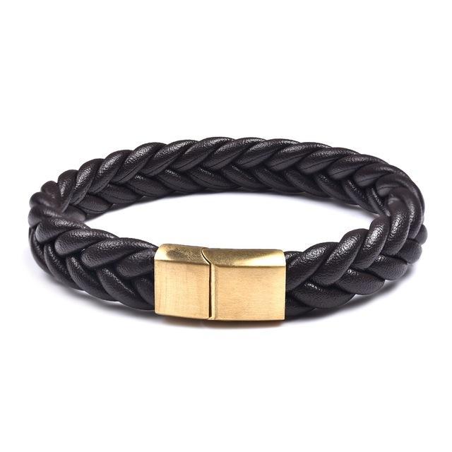 Thick Braided Genuine Leather Stainless Steel Bracelet Brown - Gold Clasp / 20.5cm (8 in) Bracelets