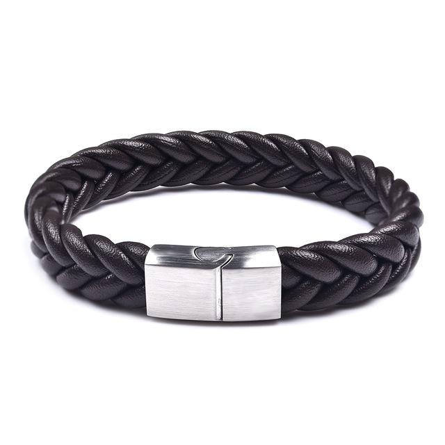 Thick Braided Genuine Leather Stainless Steel Bracelet Brown - Silver Clasp / 20.5cm (8 in) Bracelets