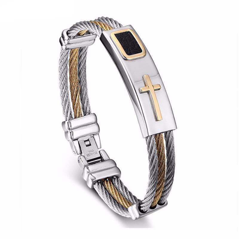 Two Tone Stainless Steel Twisted Cable Cross Bracelet Bracelets