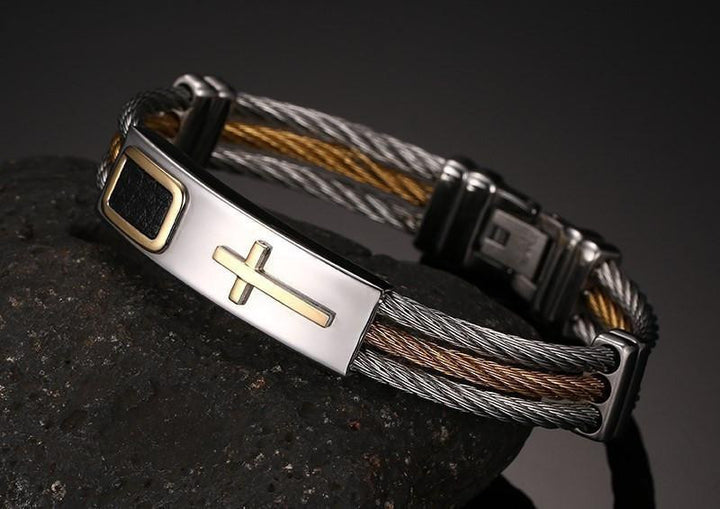 Two Tone Stainless Steel Twisted Cable Cross Bracelet Bracelets