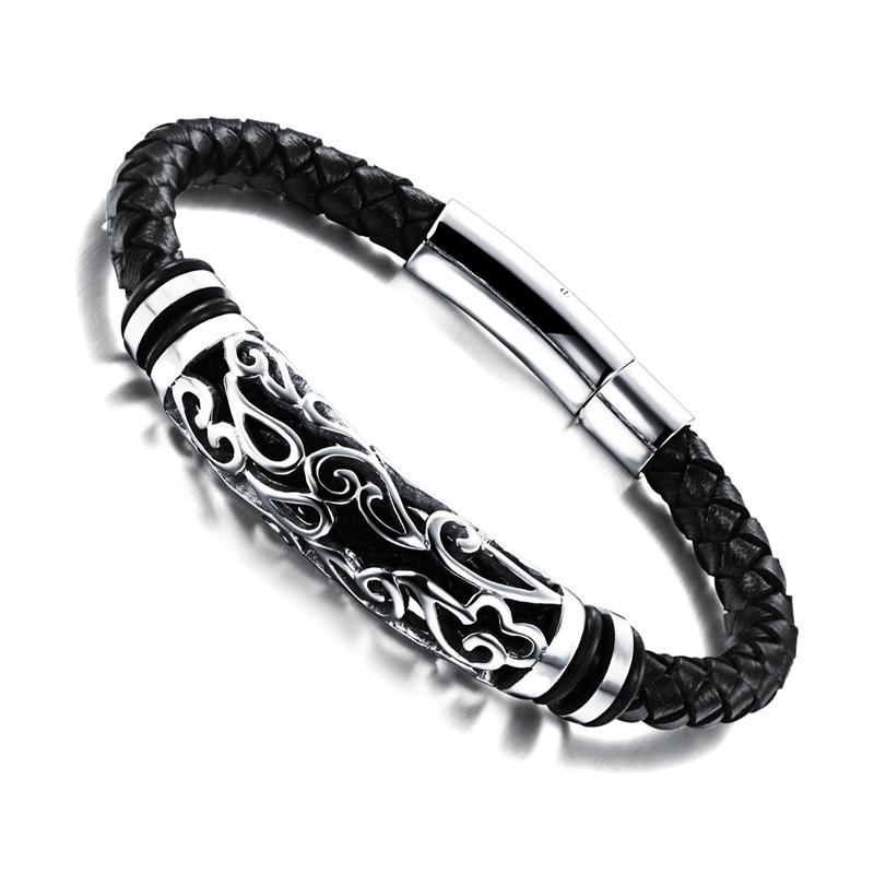 Woven Leather Bracelet with Stainless Steel Tribal Hollow Cylinder Accent Bracelets