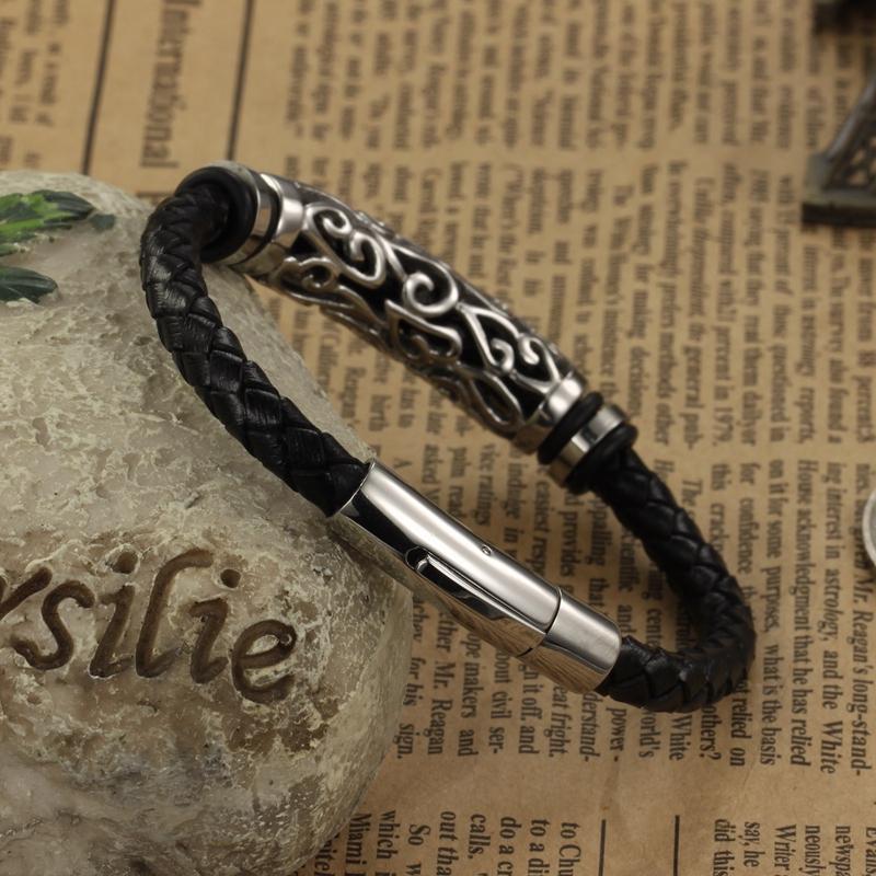 Woven Leather Bracelet with Stainless Steel Tribal Hollow Cylinder Accent Bracelets