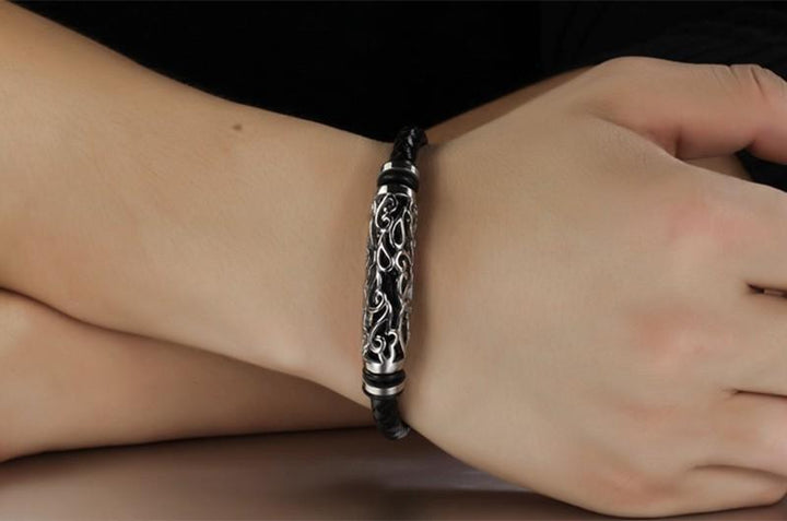 Woven Leather Bracelet with Stainless Steel Tribal Hollow Cylinder Accent Bracelets