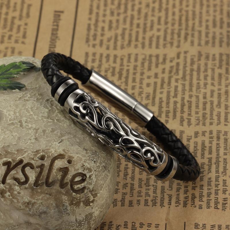 Woven Leather Bracelet with Stainless Steel Tribal Hollow Cylinder Accent Bracelets