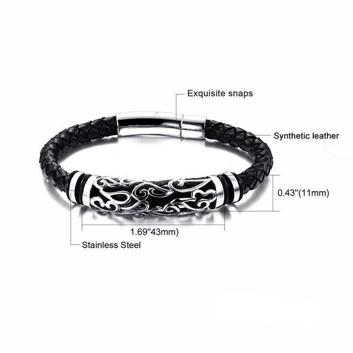 Woven Leather Bracelet with Stainless Steel Tribal Hollow Cylinder Accent Bracelets