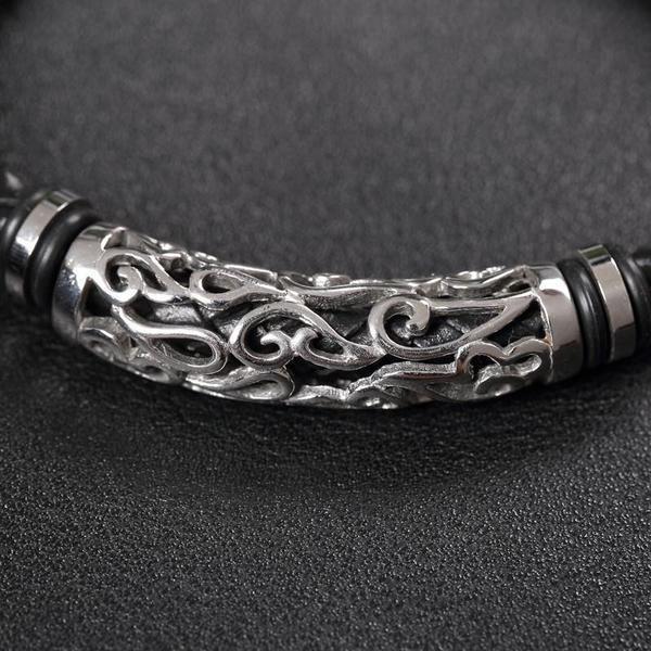 Woven Leather Bracelet with Stainless Steel Tribal Hollow Cylinder Accent Bracelets