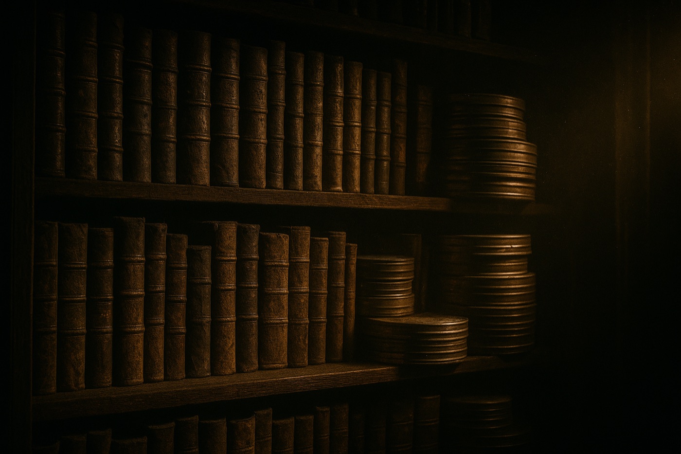 Shelves of research volumes and film reels