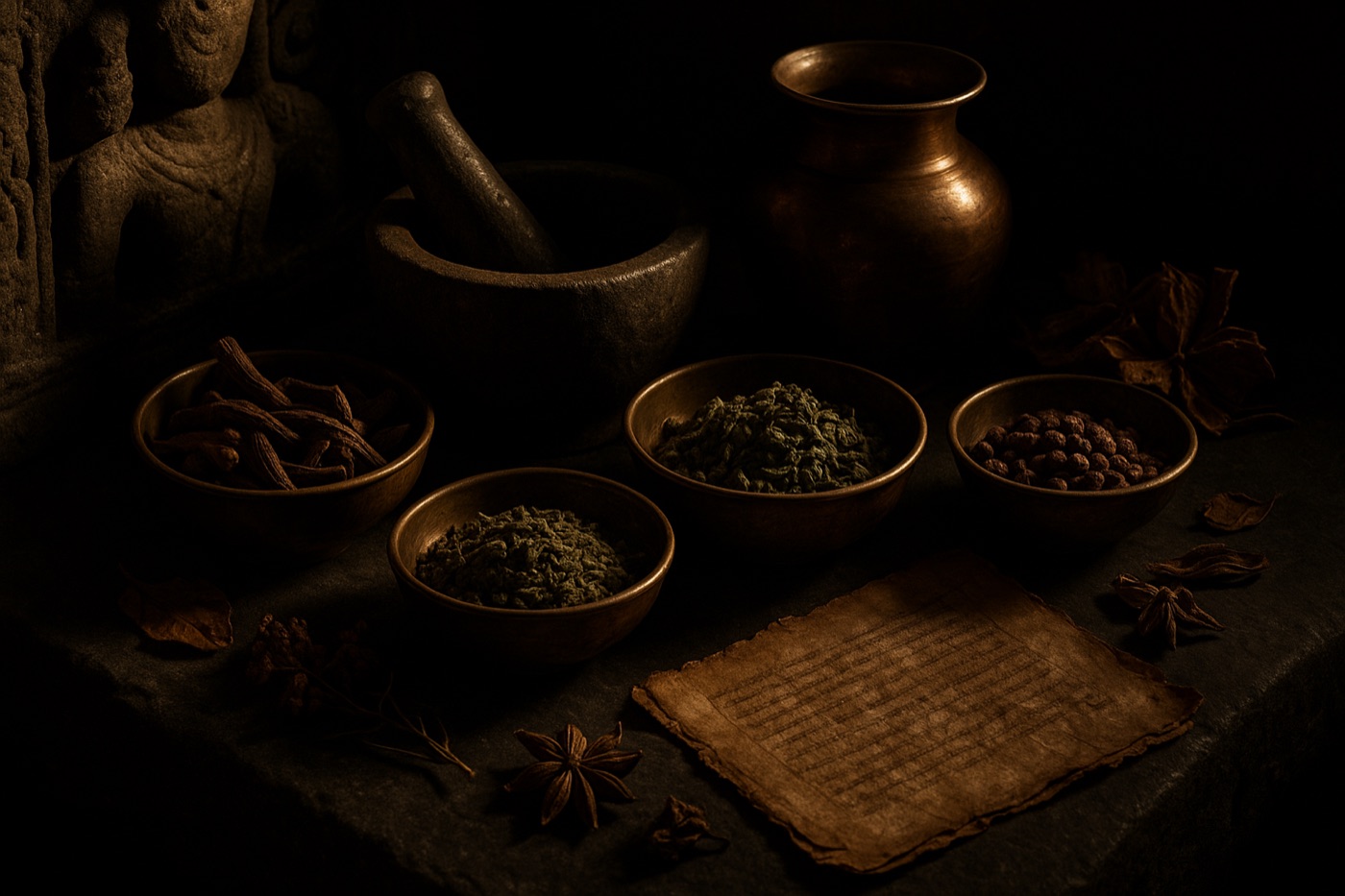 Ancient Ayurvedic apothecary of herbs, brass bowls and copper vessels