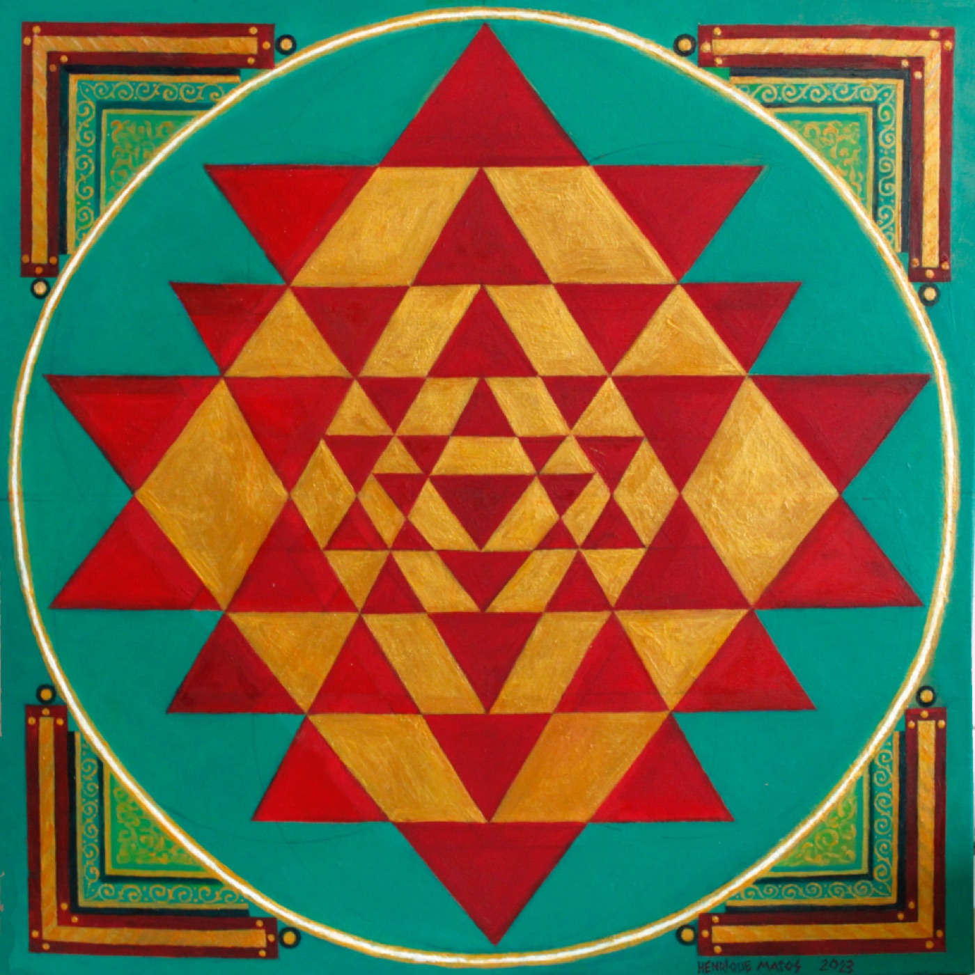 A Sri Yantra — nine interlocking triangles, the sacred geometry of the tantric tradition